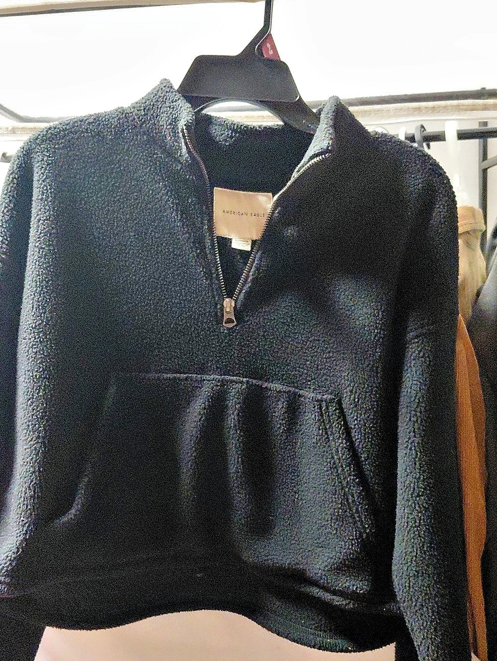 American Eagle Black Half-Zip Sherpa Sweatshirt Black Size XS